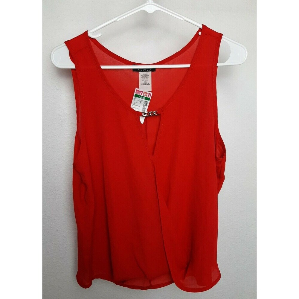 NWT DEB Shops Women Junior Large Red Chiffon Sheer Faux Wrap Top Sleeveless